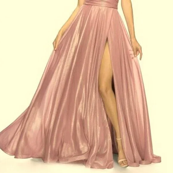 La Femme Pink Metallic Iridescent Off the Shoulder Chiffon Gown